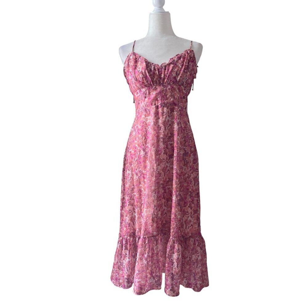 Hello Molly Kaitlyn Midi Dress Floral Pink Chiffon SZ 6